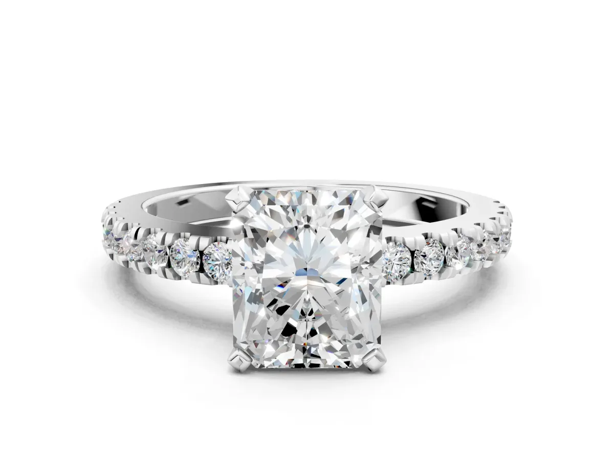 Radiant Cut Solitaire Diamond with Pavé Band and Four-Prong Setting Silver