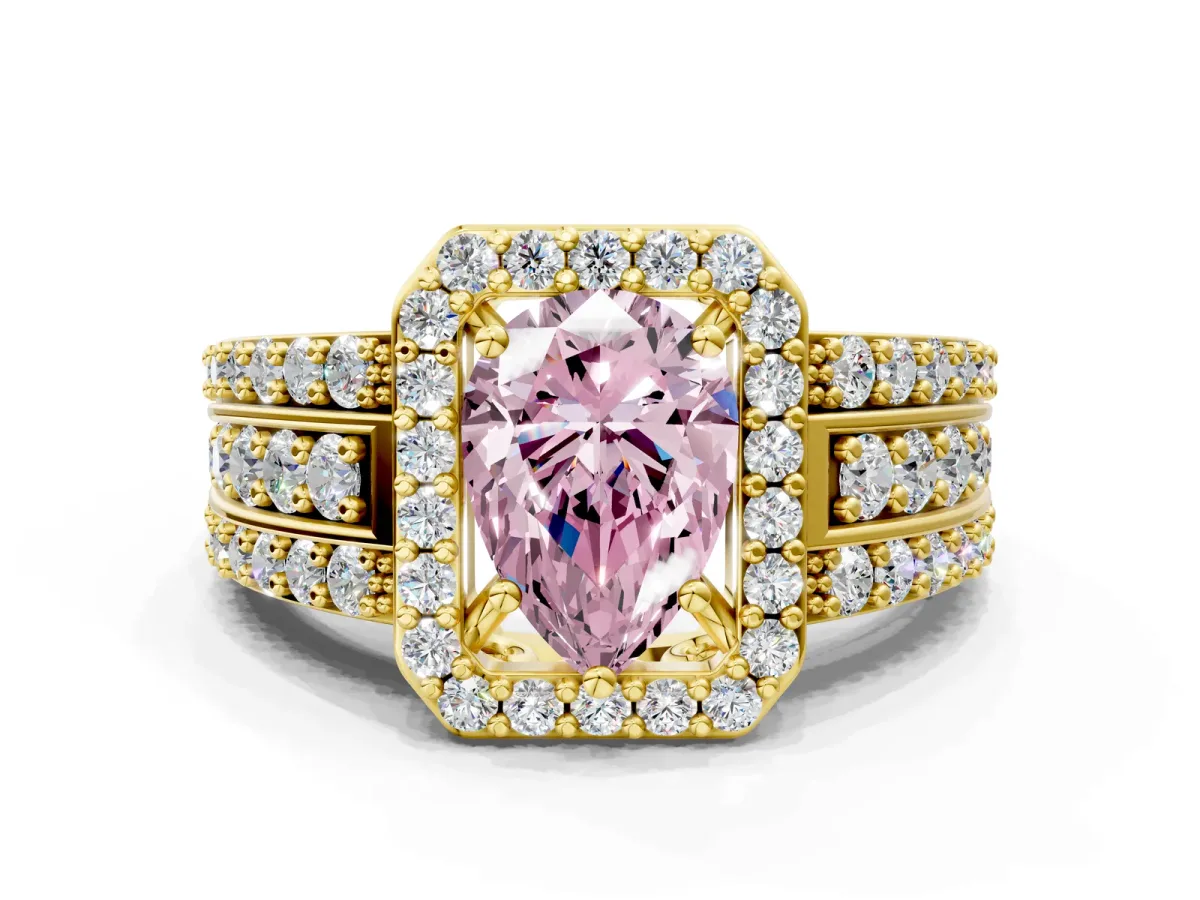 Fancy Pink Pear Cut Halo Diamond Ring with Round Split Shank and Prong Setting Yellow gold