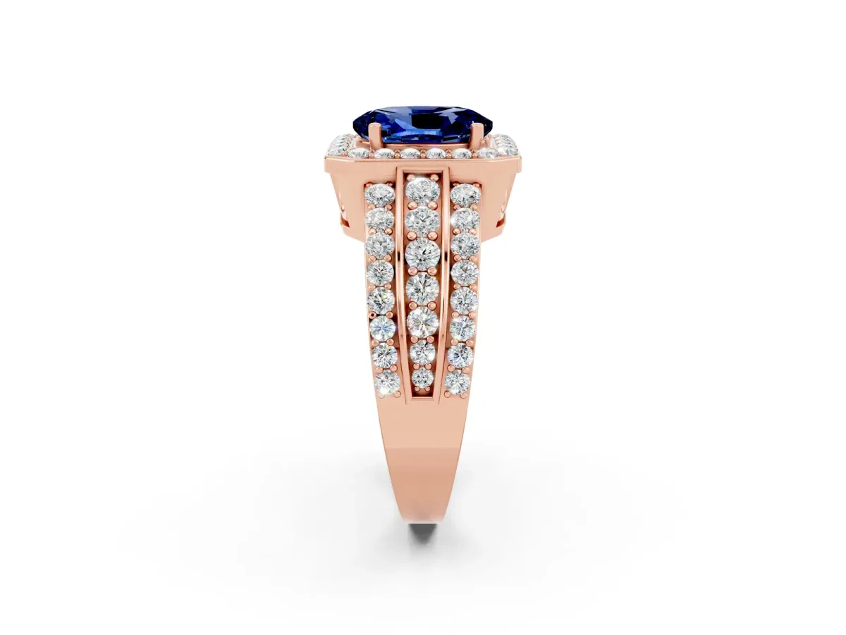 Oval Cut Halo Blue Sapphire Ring with Round Split Shank and Prong Setting Rose gold