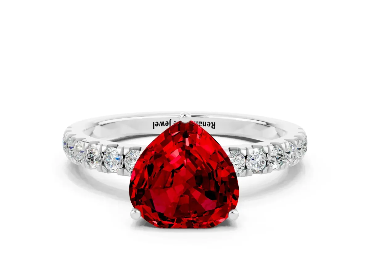 Heart Cut Ruby Pave Band Solitaire Ring with Round and Prong Setting Platinum