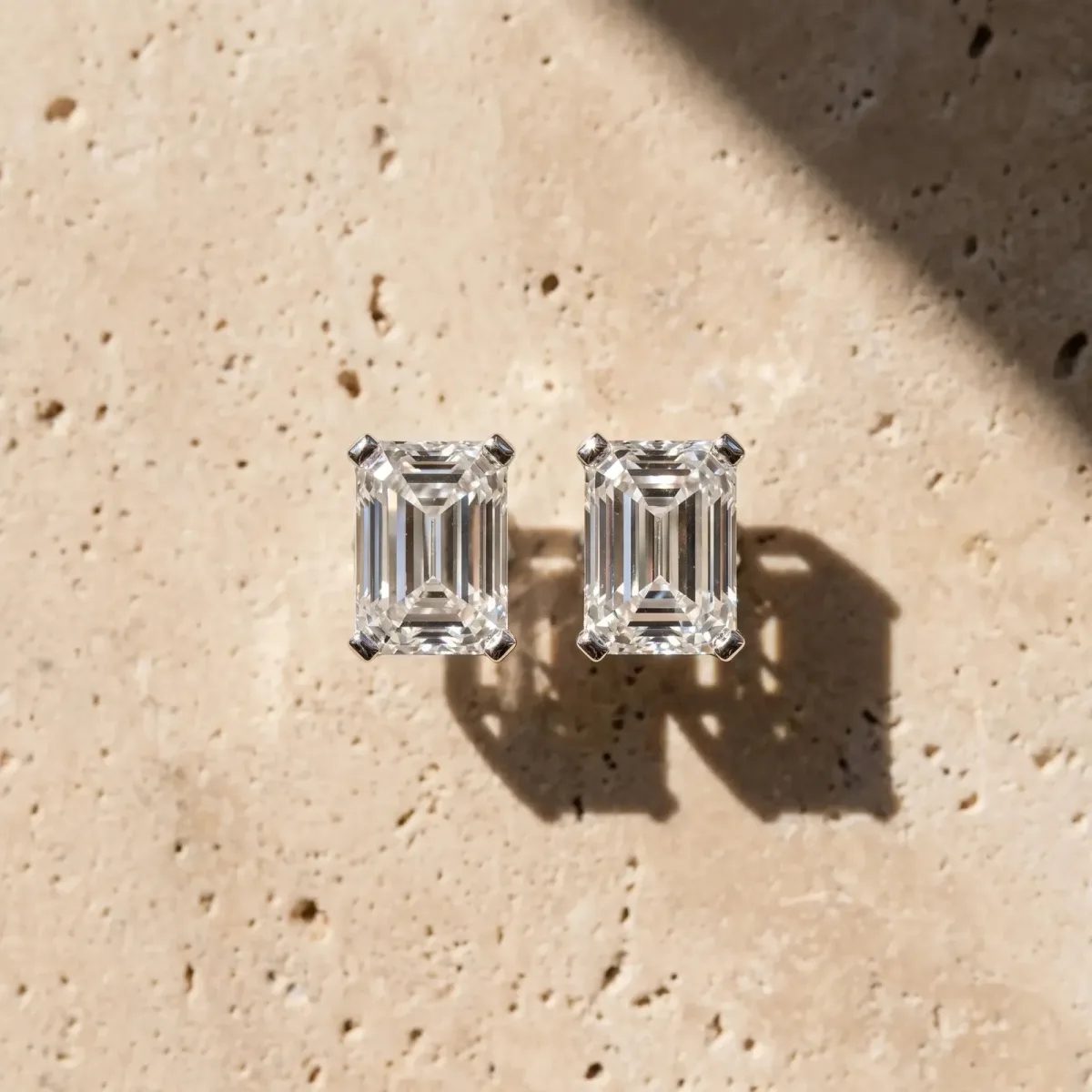 Emerald Cut Diamond Stud Earrings Silver