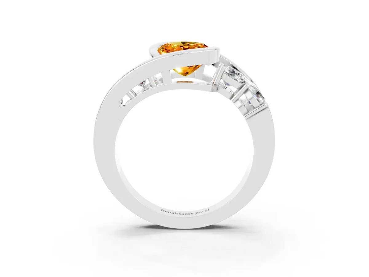 Bezel Set Oval Cut Citrine Bypass Ring with Round Accents Silver