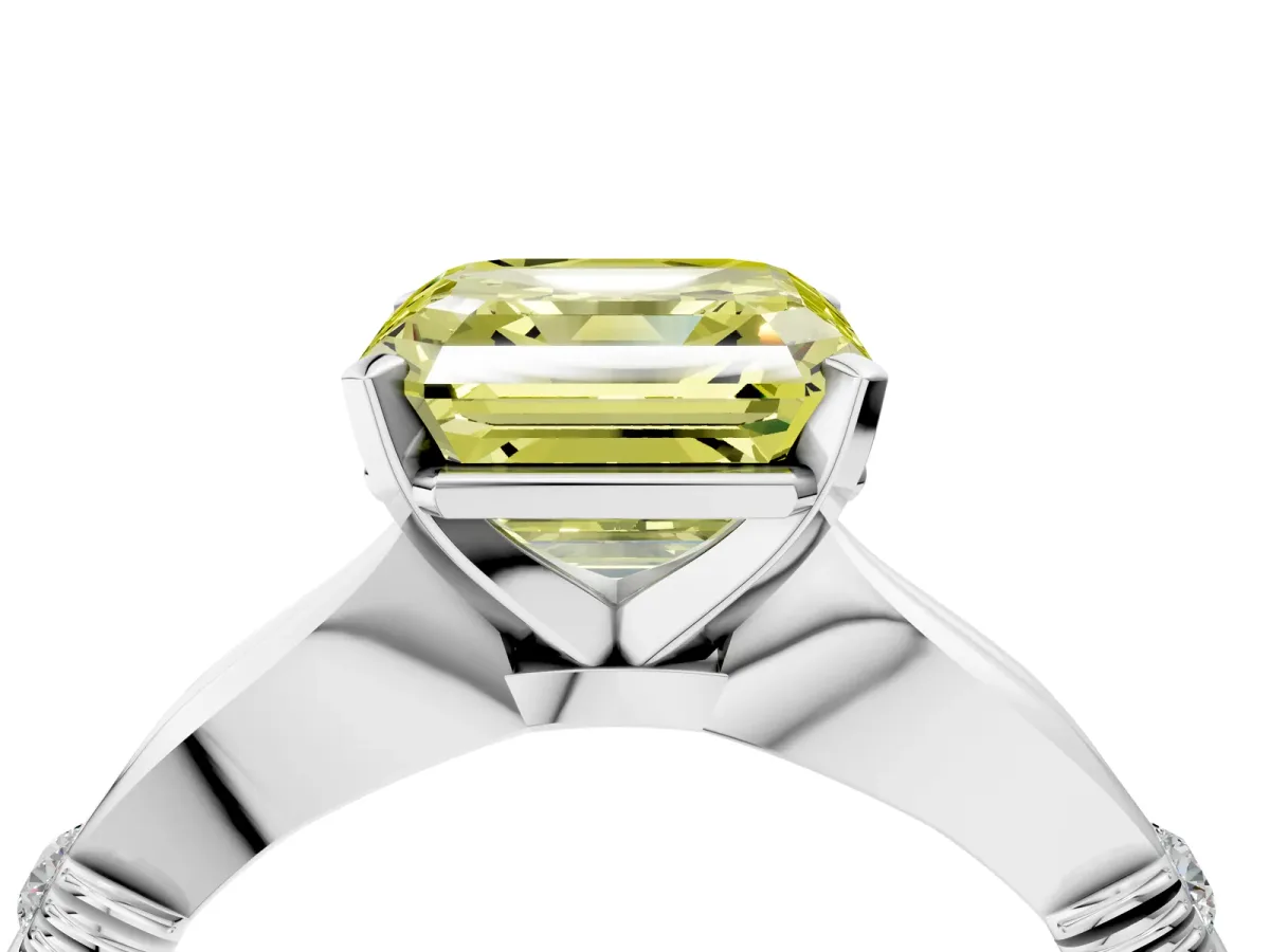 Fancy Yellow Asscher Cut Solitaire Diamond Twisted Band with Four-Prong Setting Platinum