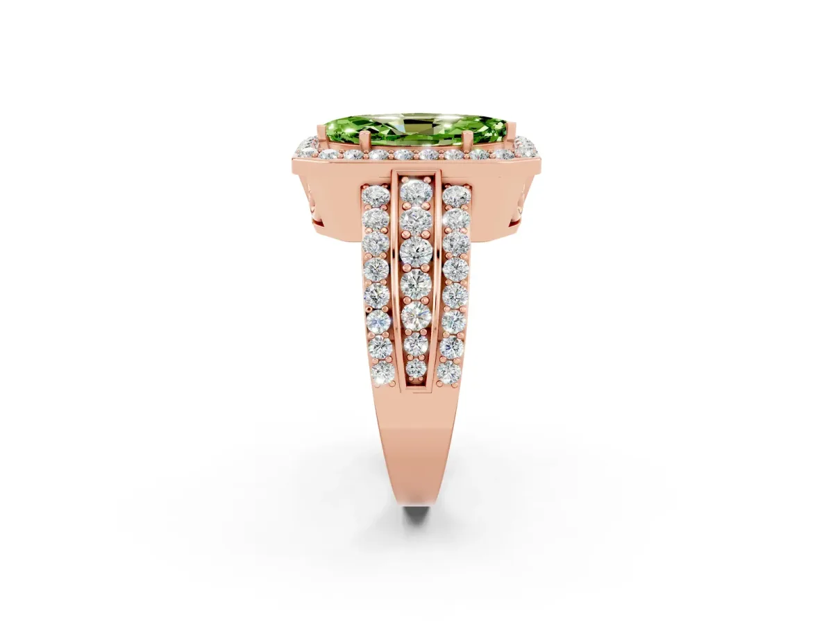 Marquise Cut Halo Peridot Ring with Round Split Shank and Prong Setting Rose gold
