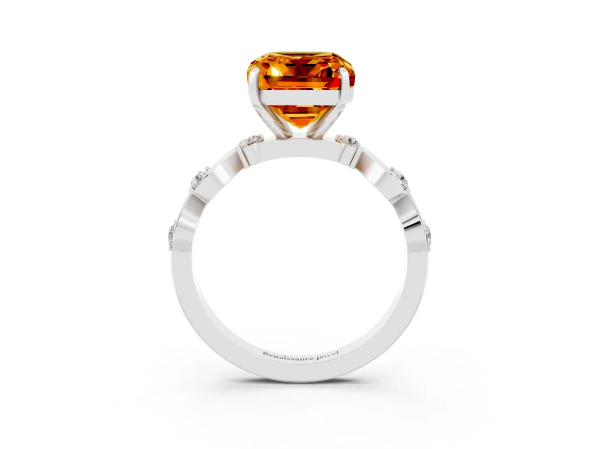 Emerald Cut Citrine Solitaire Twisted Band with Round Accents and Prong Setting Silver