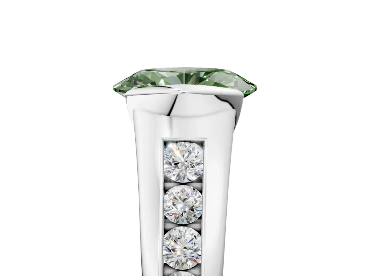 Fancy Green Oval Cut Solitaire Bezel-Set Diamond Ring with Channel-Set Band Platinum