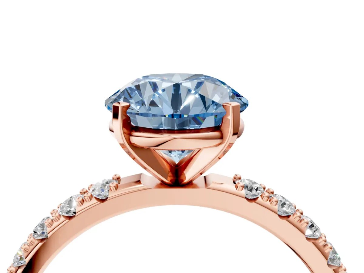 Fancy Blue Round Cut Diamond Solitaire Pavé Band with Four-Prong Setting Rose gold