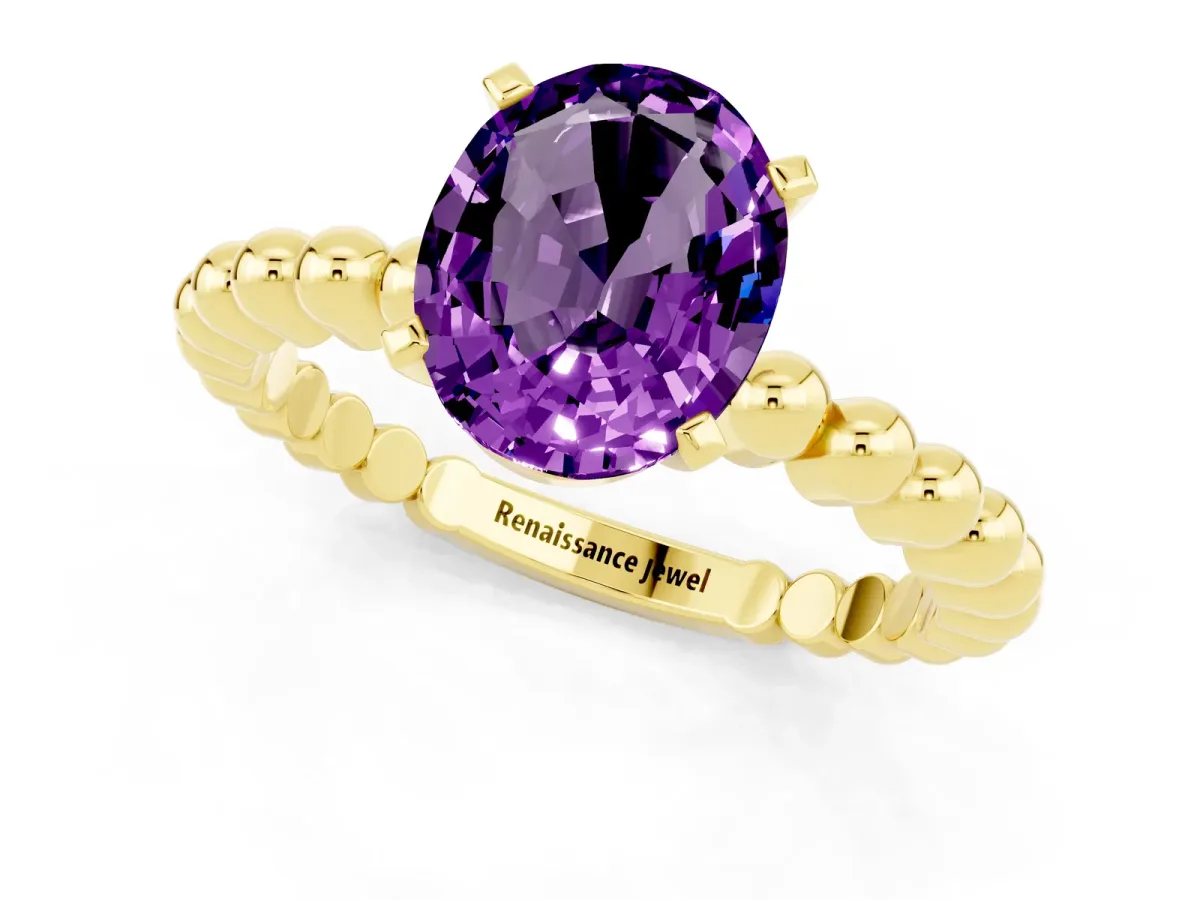 Oval Cut Amethyst Solitaire Ring with Beaded Band and Prong Setting Yellow gold