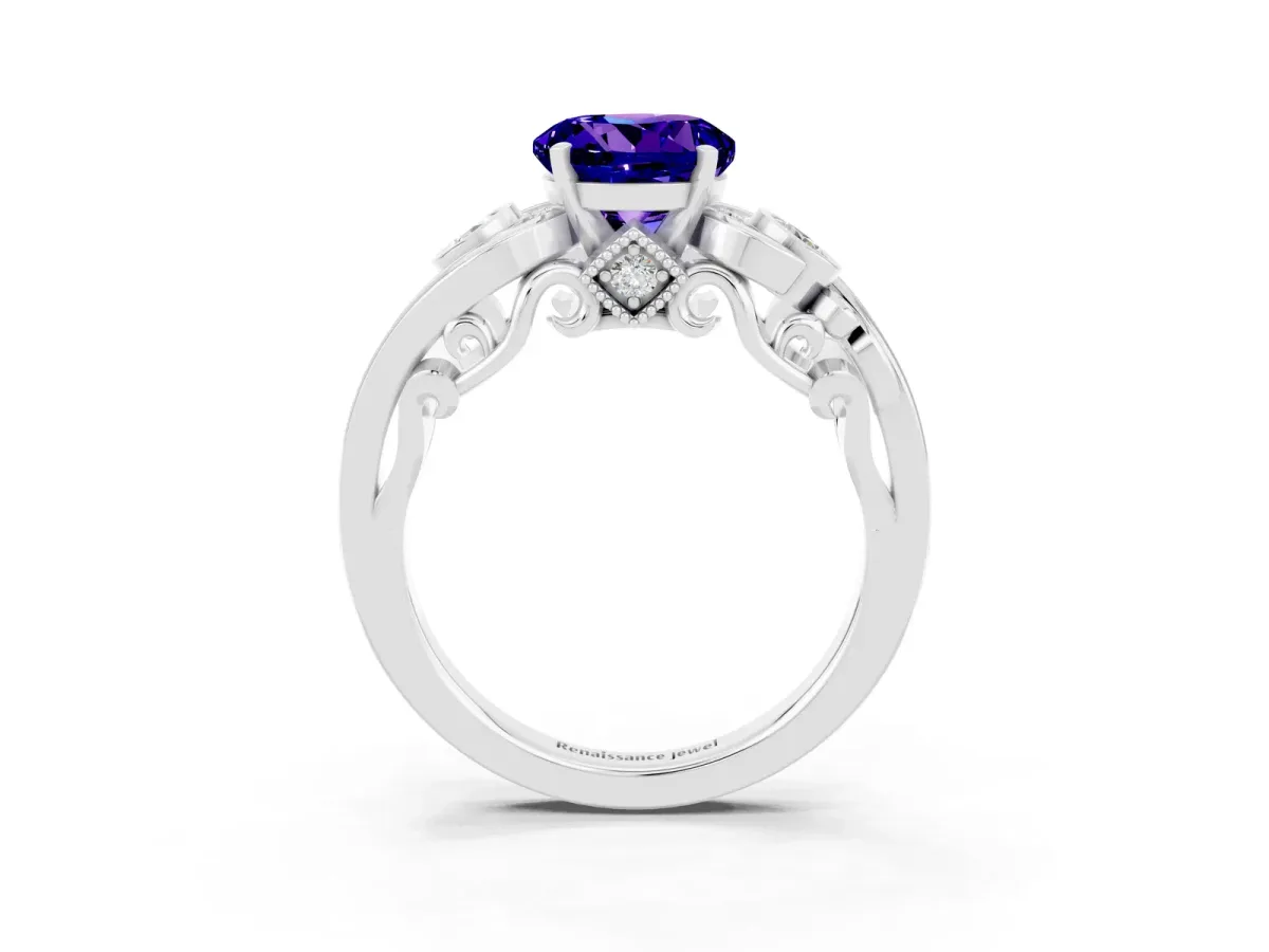 Round Cut Tanzanite Solitaire Ring with Milgrain Pavé Band and Four-Prong Setting Silver