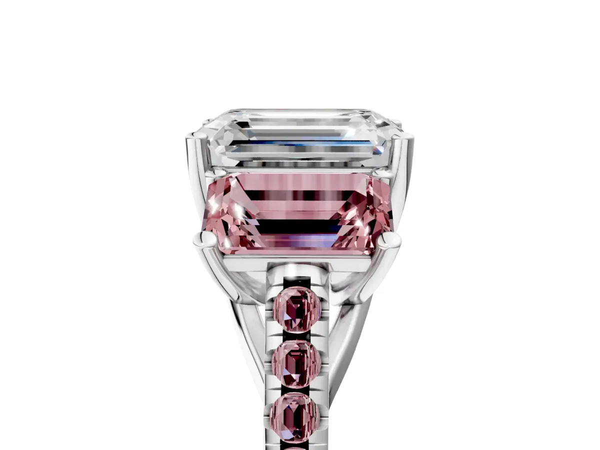 Three-Stone Emerald Cut Diamond Ring with Round Morganite Pavé Band and Prong Setting Silver