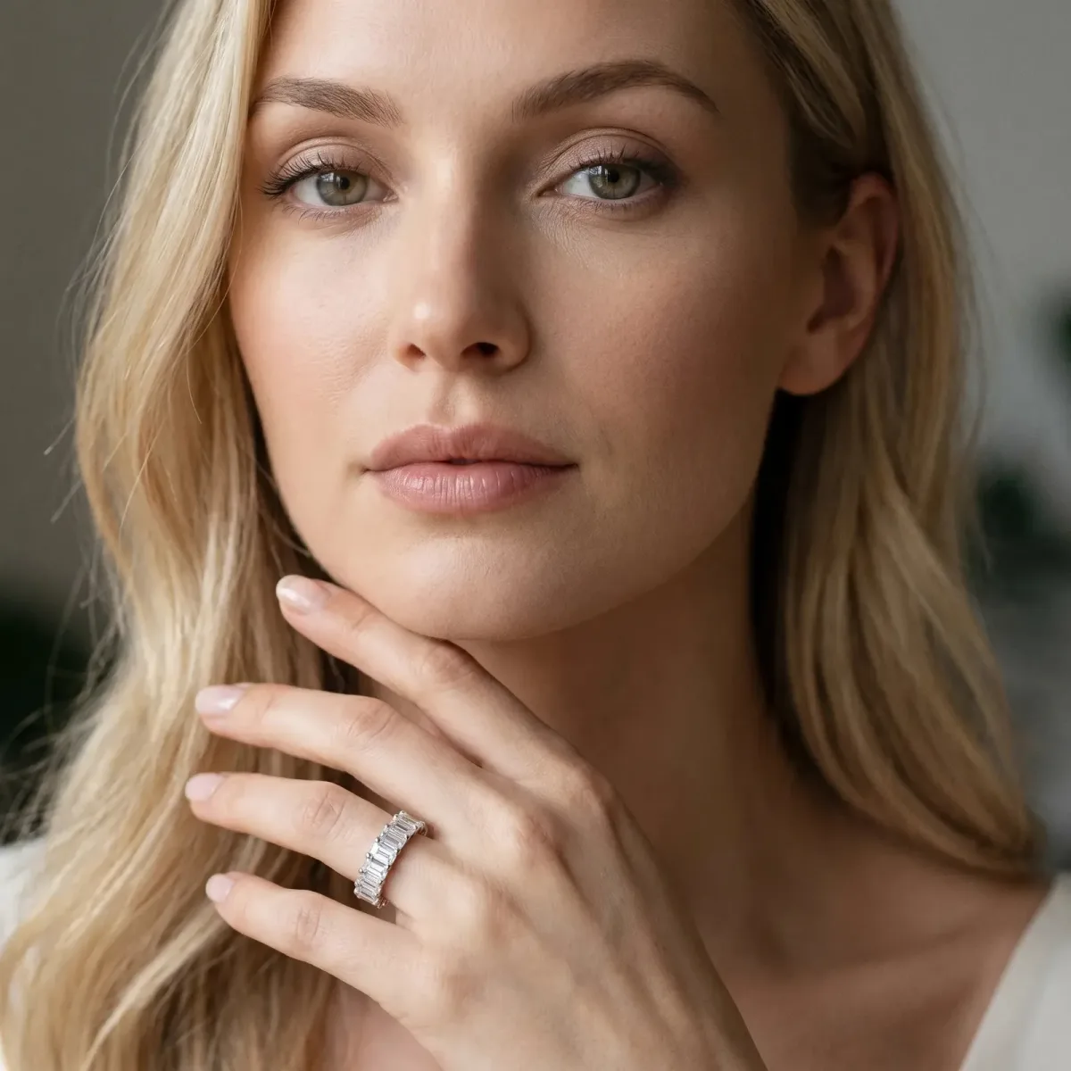 emerald Cut half eternity band with shared prong setting Platinum