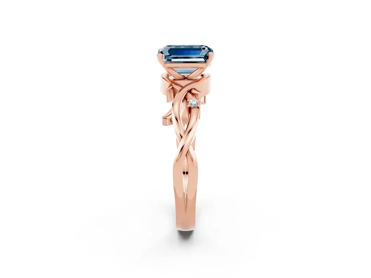 Emerald Cut Aquamarine Solitaire Ring with Twisted Band and Prong Setting Rose gold