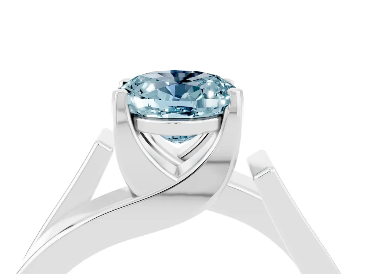 Modern Tension Set Oval Cut Aquamarine Solitaire Wide Band Ring Silver