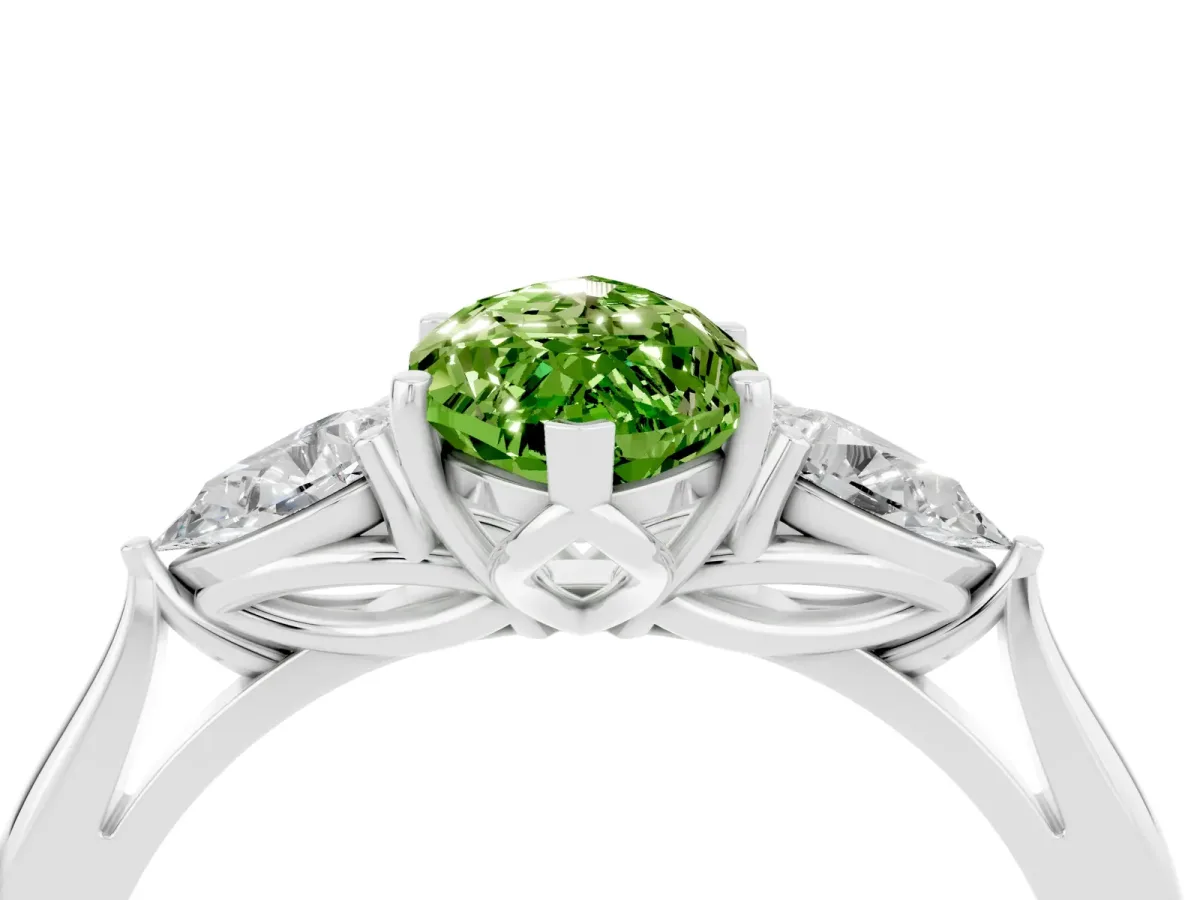 Marquise Cut Peridot Three-Stone Ring with Pear Side Stones and Prong Setting White gold