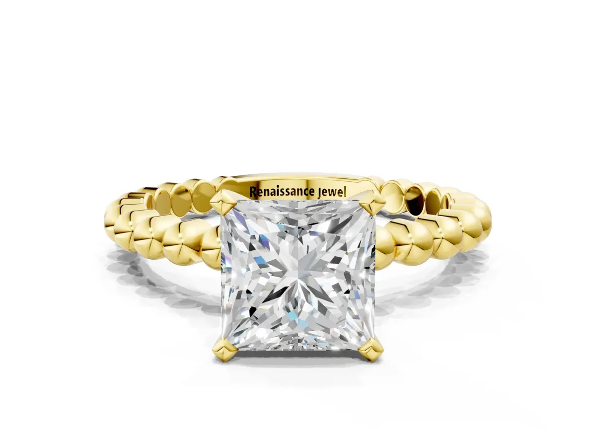 Princess Cut Diamond Solitaire Ring with Beaded Band and Prong Setting Yellow gold