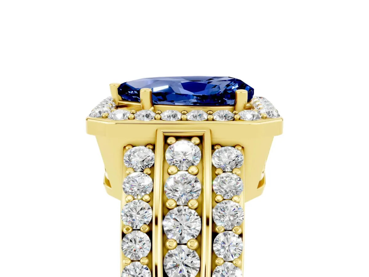 Pear Cut Halo Blue Sapphire Ring with Round Split Shank and Prong Setting Yellow gold