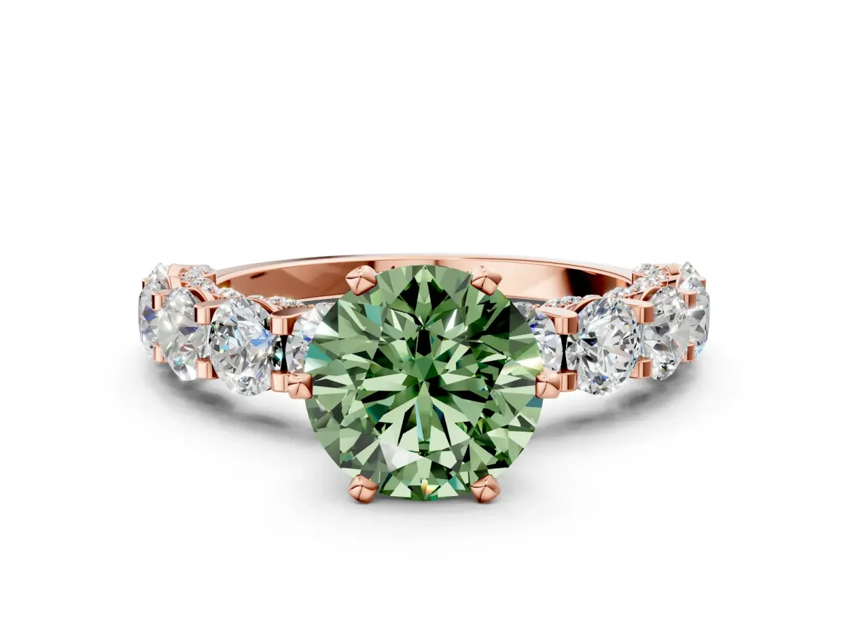 Fancy Green Round Cut Diamond Side Stone Engagement Ring with Four-Prong Setting Rose gold