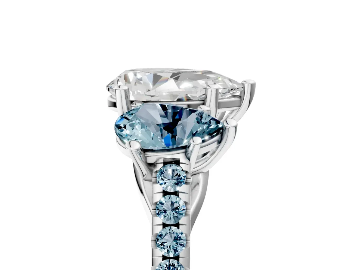 Three-Stone Pear Cut Diamond Ring with Round Aquamarine Pavé Band and Prong Setting Silver