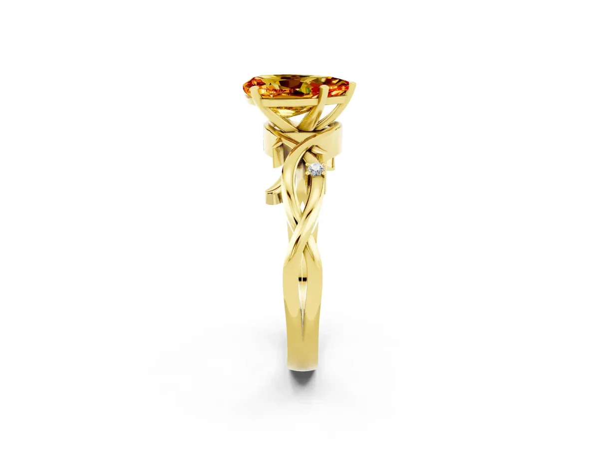 Pear Cut Citrine Solitaire Ring with Twisted Band and Prong Setting Yellow gold