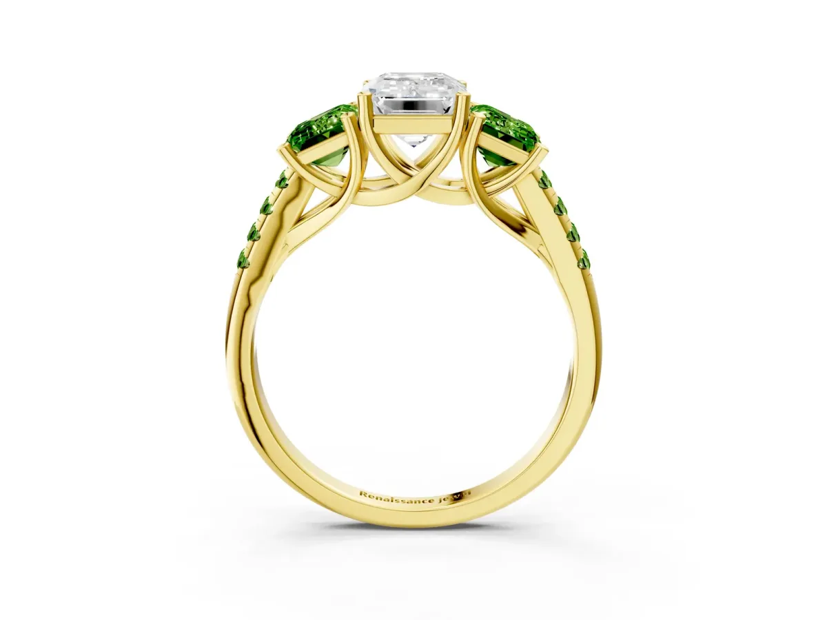 Three-Stone Emerald Cut Diamond Ring with Round Peridot Pavé Band and Prong Setting Yellow gold