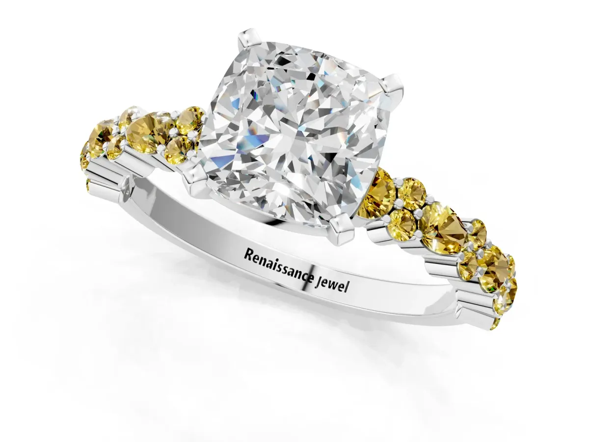 Cushion Cut Diamond Side Stone Solitaire Ring with Round Yellow Sapphire and Four-Prong Setting Silver