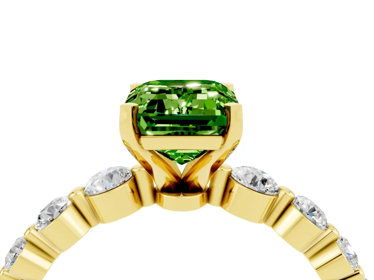 Emerald Cut Solitaire Peridot Ring with Pave Band and Four-Prong Setting Yellow gold