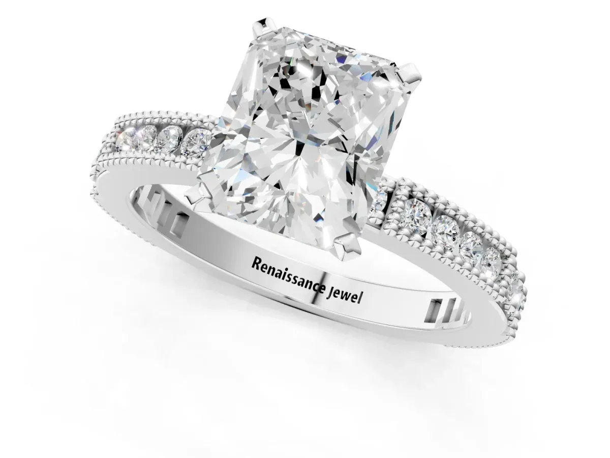 Radiant Cut Solitaire with Pavé Band and Four-Prong Setting Silver