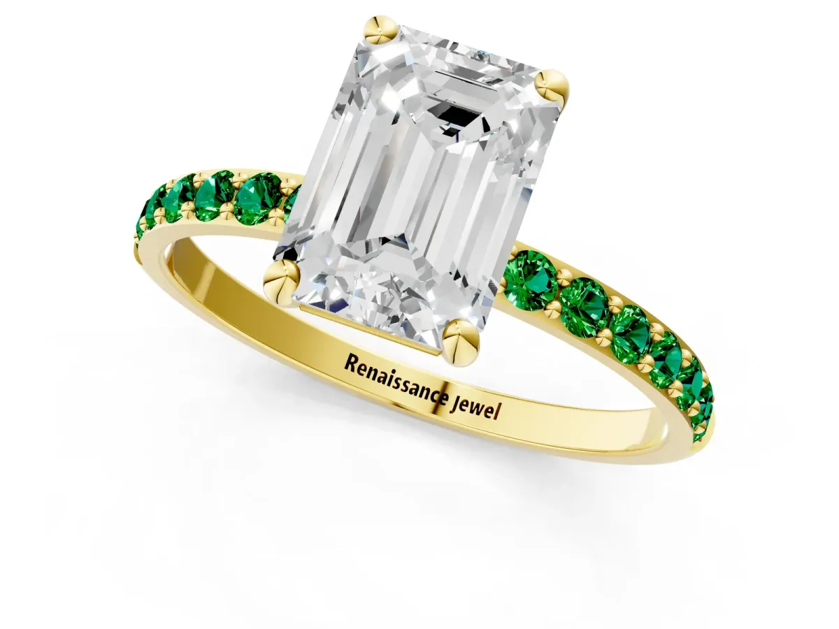 Emerald Cut Diamond Solitaire Ring with Round Emerald Pavé Band and Prong Setting Yellow gold