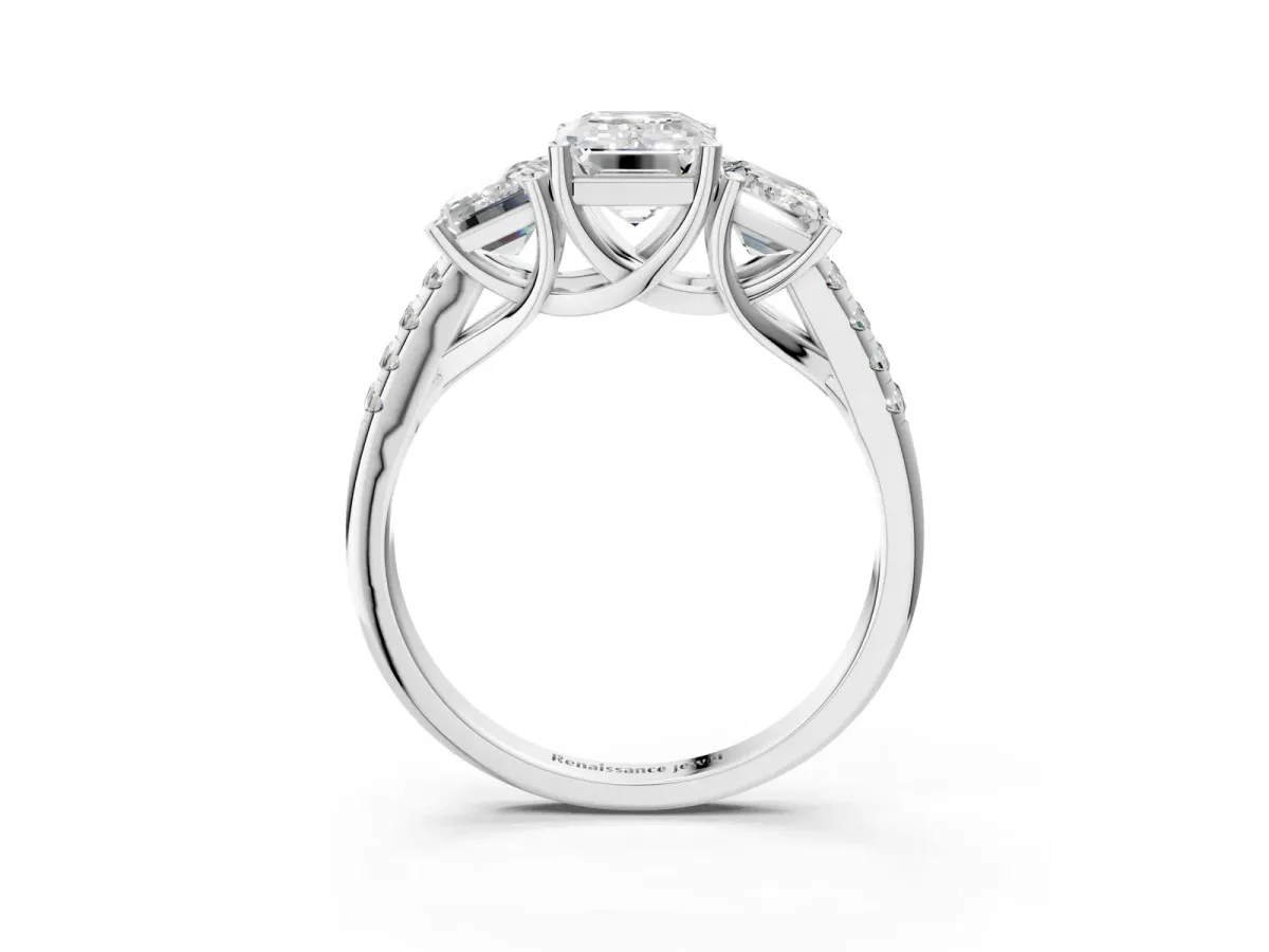 Three-Stone Emerald Cut Diamond Ring with Round Pavé Band and Prong Setting Platinum