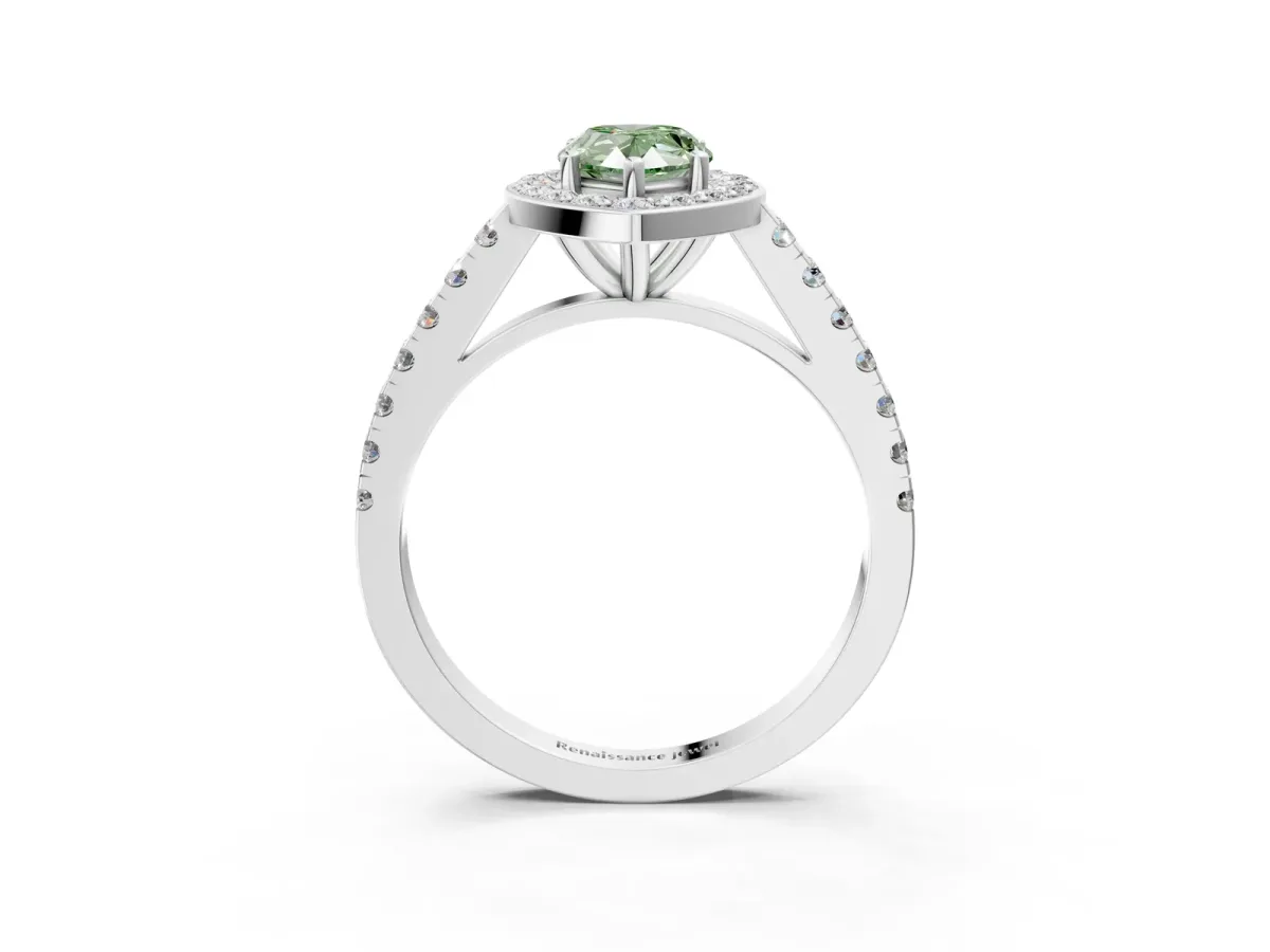 Fancy Green Pear Cut Diamond Halo Ring with Round Pavé Split Shank and Prong Setting Platinum