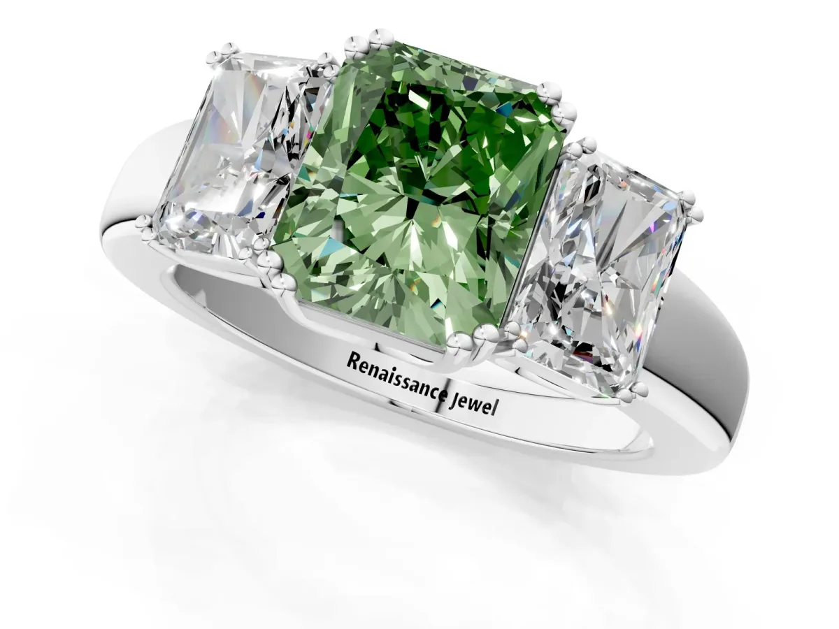 Fancy Green Three-Stone Radiant Cut Cut Diamond Ring with Channel Set Band and Four-Prong Setting Silver