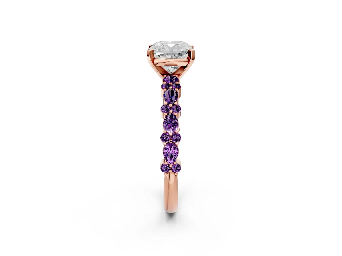 Cushion Cut Diamond Side Stone Solitaire Ring with Round Amethyst and Four-Prong Setting Rose gold