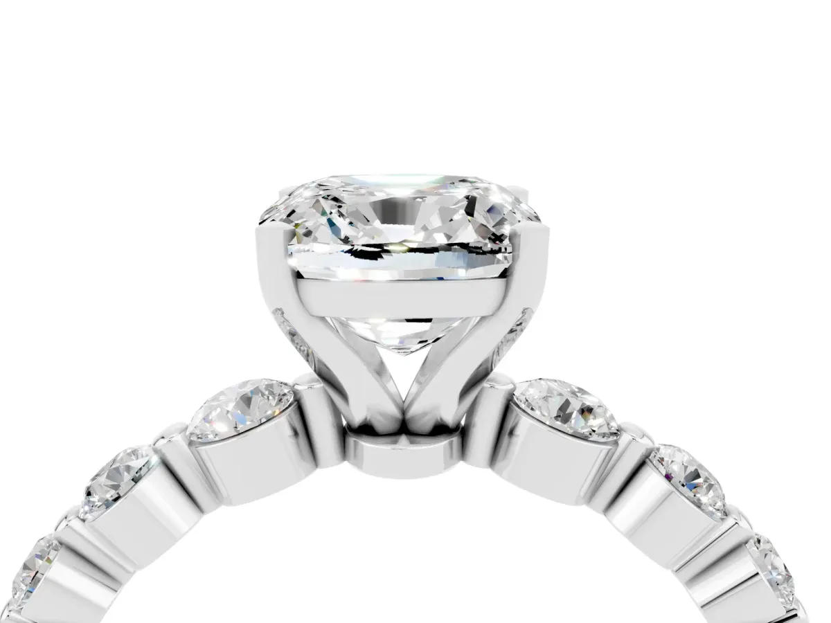 Cushion Cut Solitaire Moissanite Ring with Pave Band and Four-Prong Setting Silver
