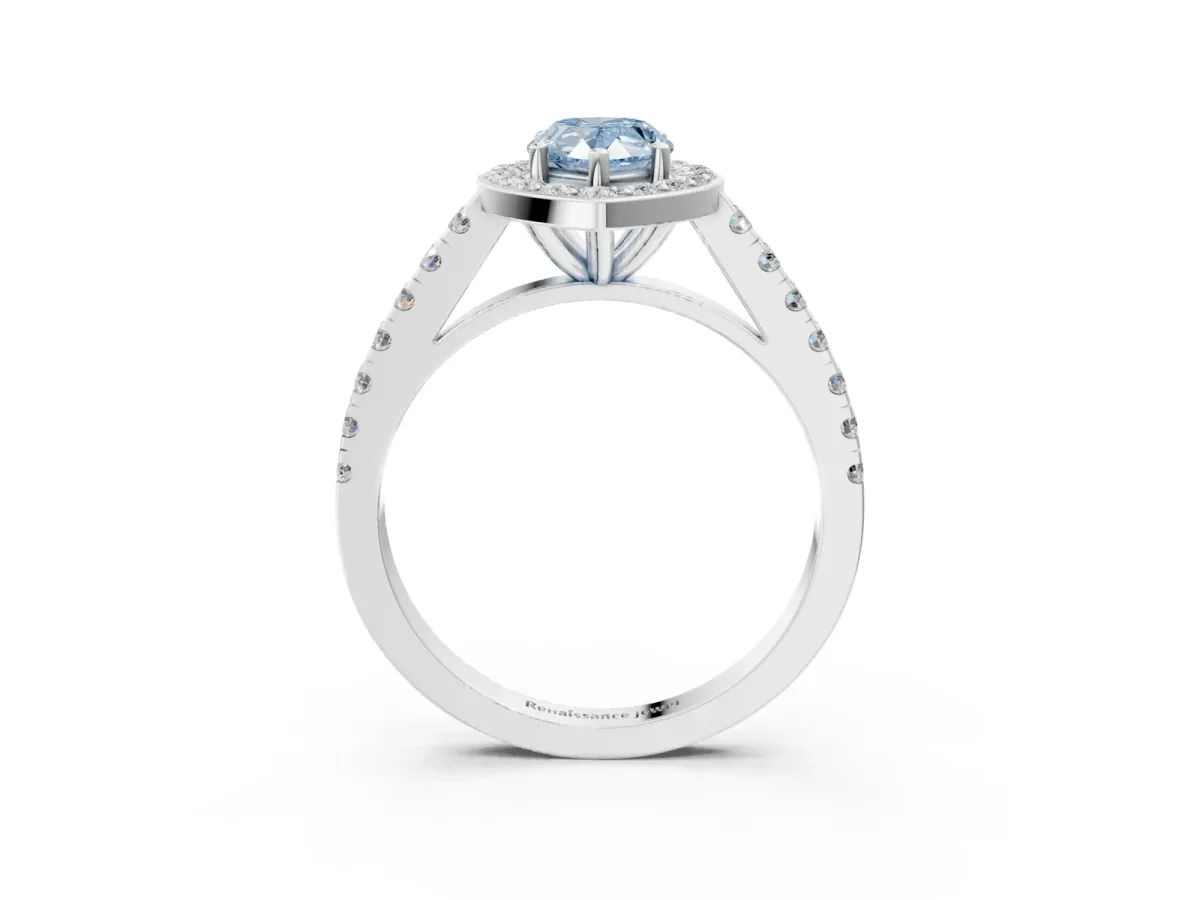 Fancy Blue Pear Cut Diamond Halo Ring with Round Pavé Split Shank and Prong Setting Platinum