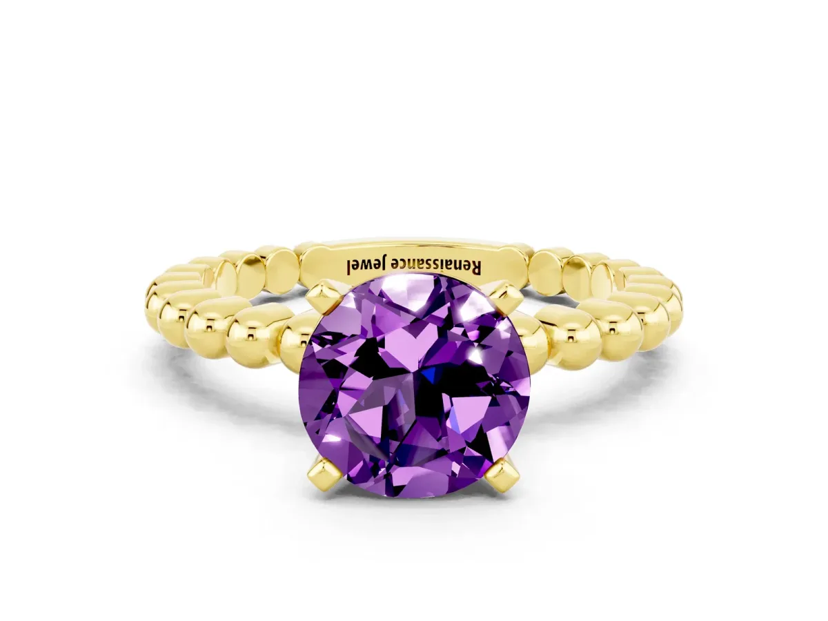 Round Cut Amethyst Solitaire Ring with Beaded Band and Prong Setting Yellow gold