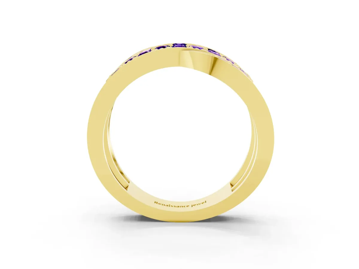 Pavé Round Tanzanite Crossover Band with Bead Prong Setting Yellow gold