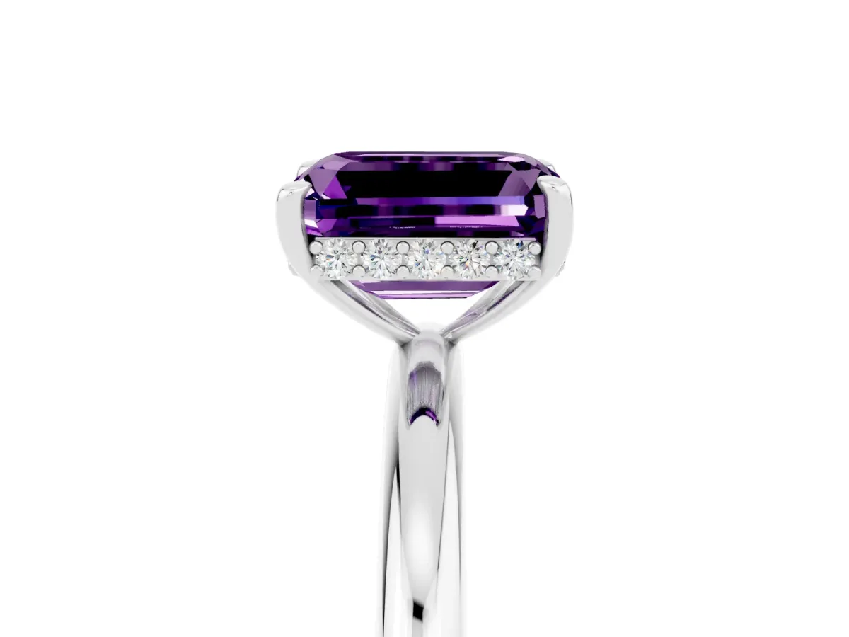 Emerald Cut Amethyst Solitaire Ring with Thin Band and Four-Prong Setting White gold