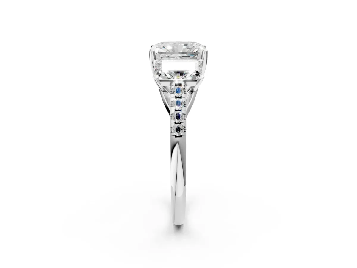 Three-Stone Radiant Cut Diamond Ring with Round Pavé Band and Prong Setting Platinum