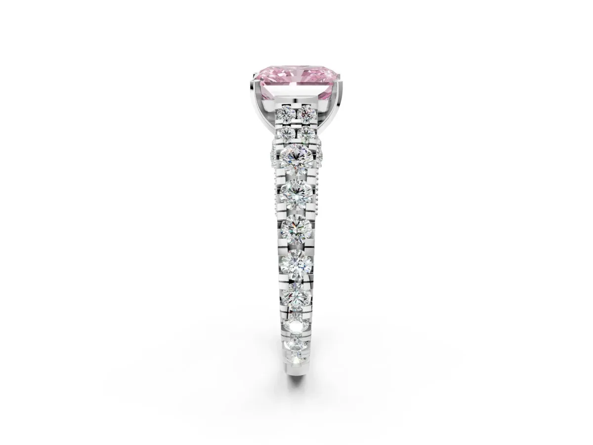 Fancy Pink Radiant Cut Diamond Classic Solitaire Ring with Pavé Band and Four-Prong Setting Silver