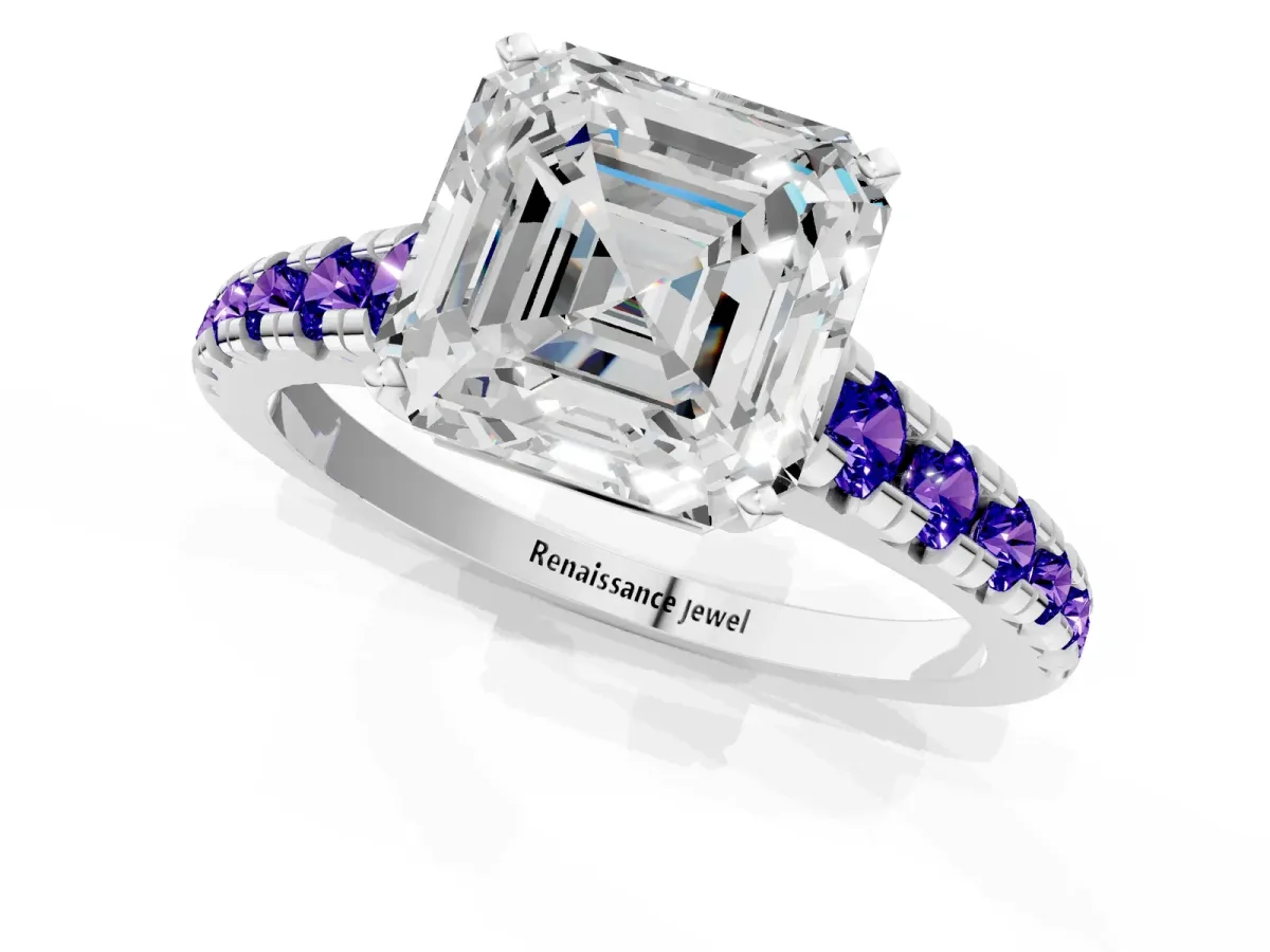 Asscher Cut Diamond Cathedral Solitaire Ring with Round Tanzanite Pavé Band Silver