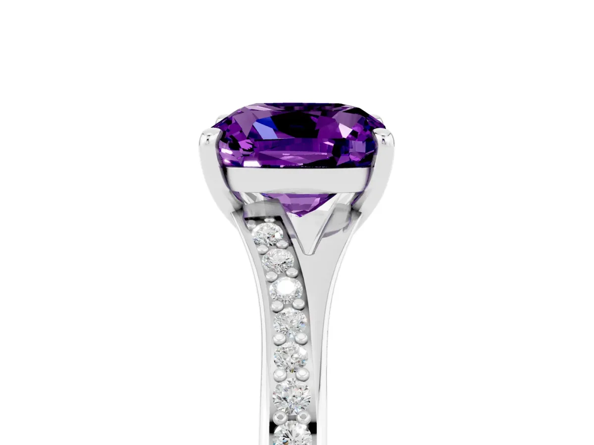 Cushion Cut Amethyst Solitaire Ring with Pavé Band and Prong Setting Silver