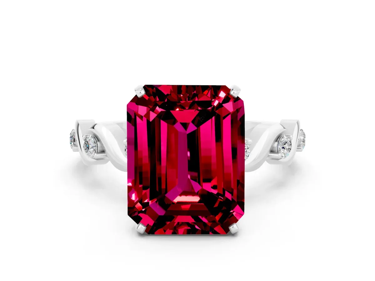 Emerald Cut Garnet Solitaire Twisted Band with Round Accents and Prong Setting Silver