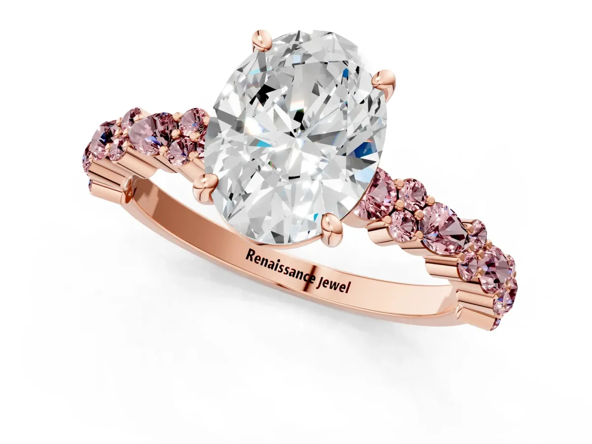 Oval Cut Diamond Side Stone Solitaire Ring with Round Morganite and Four-Prong Setting Rose gold