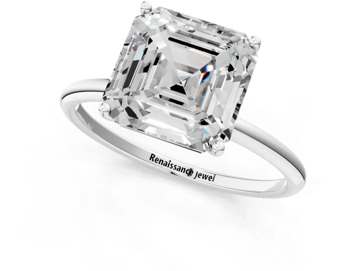 Asscher Cut Cut Solitaire Engagement Ring with Thin Band and Four-Prong Setting Platinum