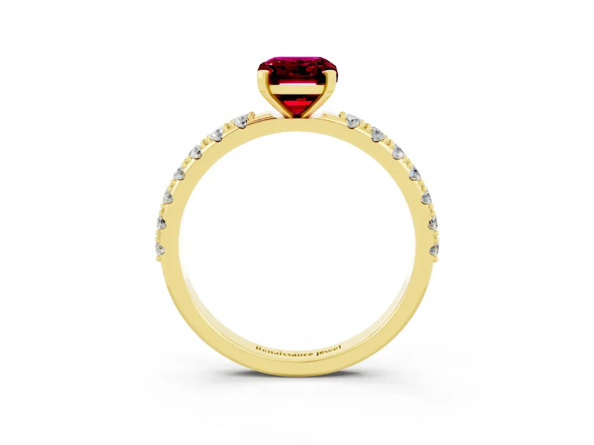 Emerald Cut Garnet Solitaire Pavé Band with Four-Prong Setting Yellow gold