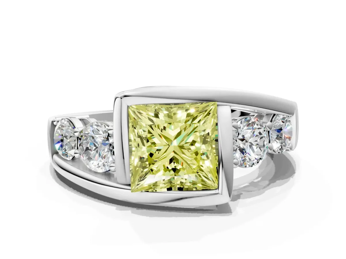 Fancy Yellow Bezel Set Princess Cut Diamond Bypass Ring with Round Accents Platinum