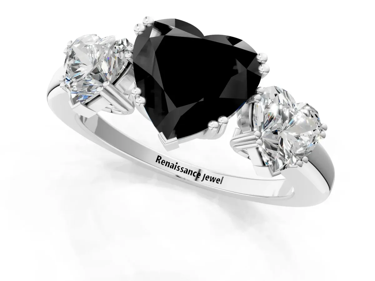 Fancy Black Three-Stone Heart Cut Cut Diamond Ring with Channel Set Band and Four-Prong Setting Silver