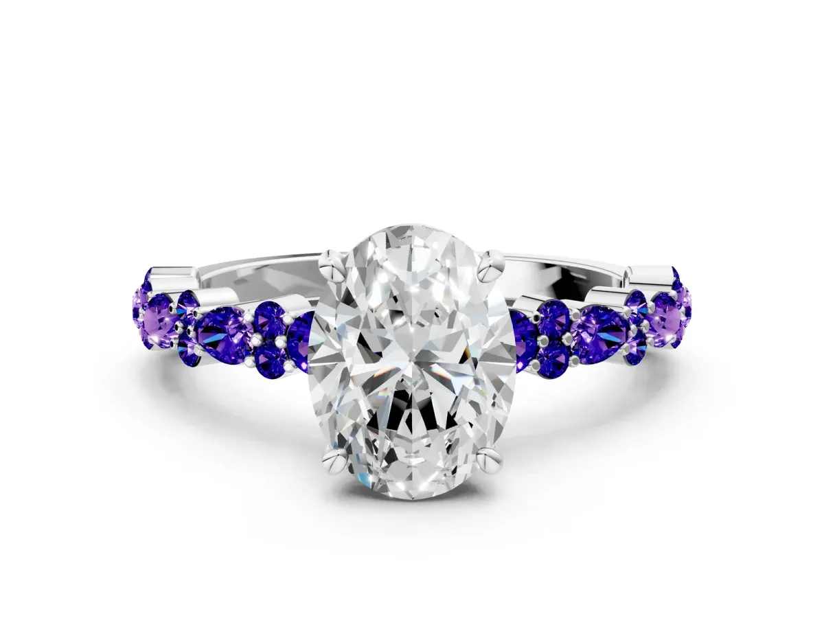 Oval Cut Diamond Side Stone Solitaire Ring with Round Tanzanite and Four-Prong Setting White gold