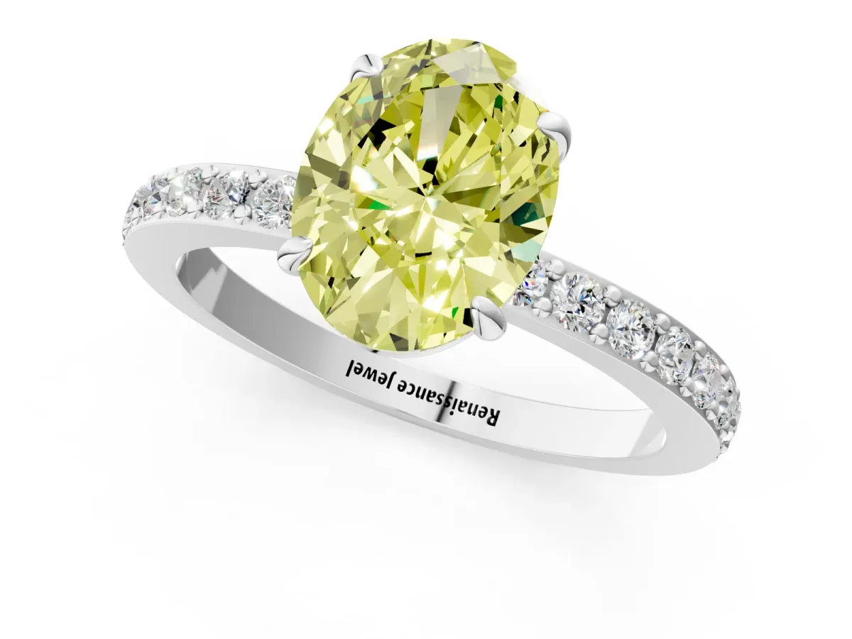 Fancy Yellow Oval Cut Diamond Solitaire Engagement Ring with Pavé Band and Four-Prong Setting Silver