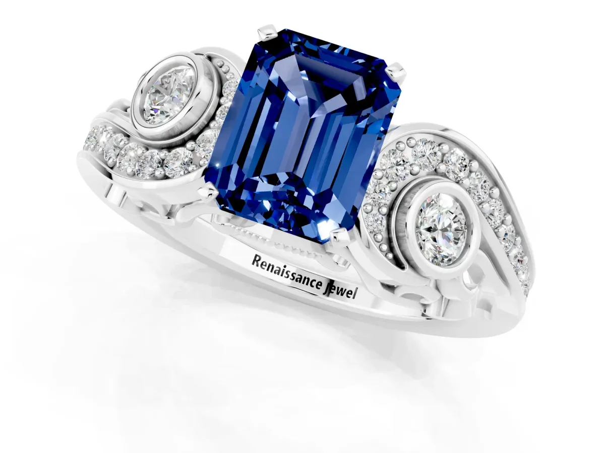 Emerald Cut Blue Sapphire Solitaire Ring with Milgrain Pavé Band and Four-Prong Setting Silver